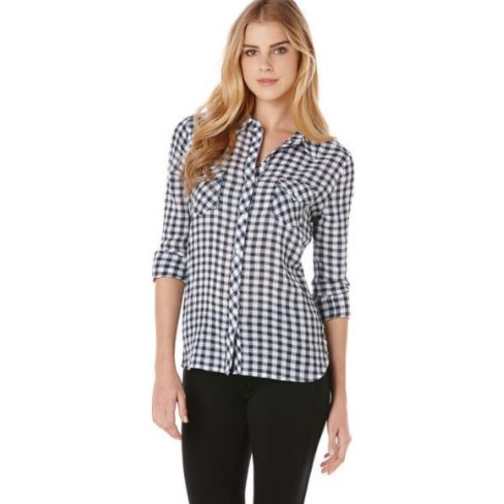 C&C California Navy Blue White Crinkle Gingham Two Pocket Shirt Women's Size XS
